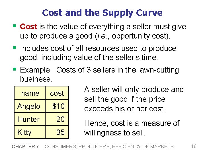 Cost and the Supply Curve § Cost is the value of everything a seller