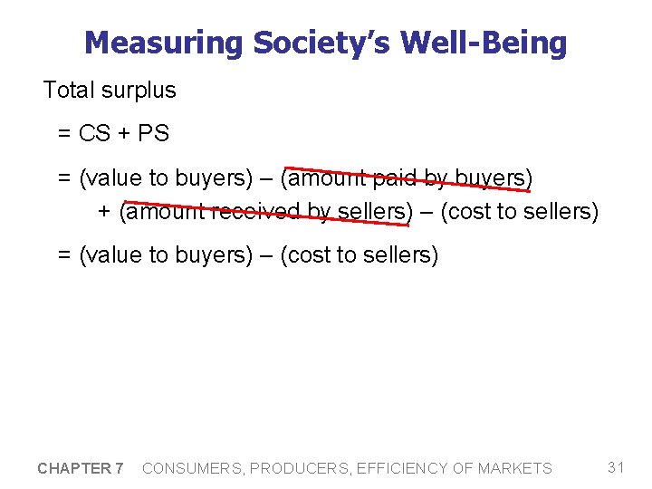 Measuring Society’s Well-Being Total surplus = CS + PS = (value to buyers) –