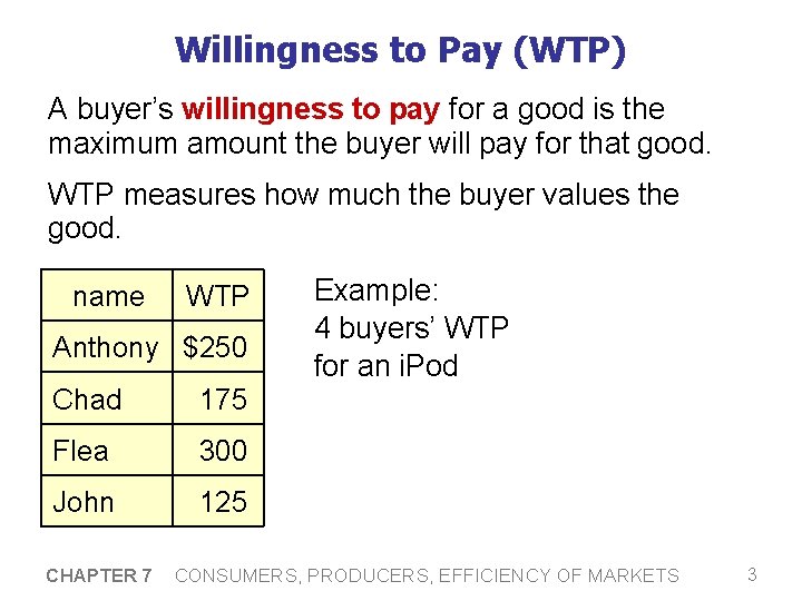 Willingness to Pay (WTP) A buyer’s willingness to pay for a good is the