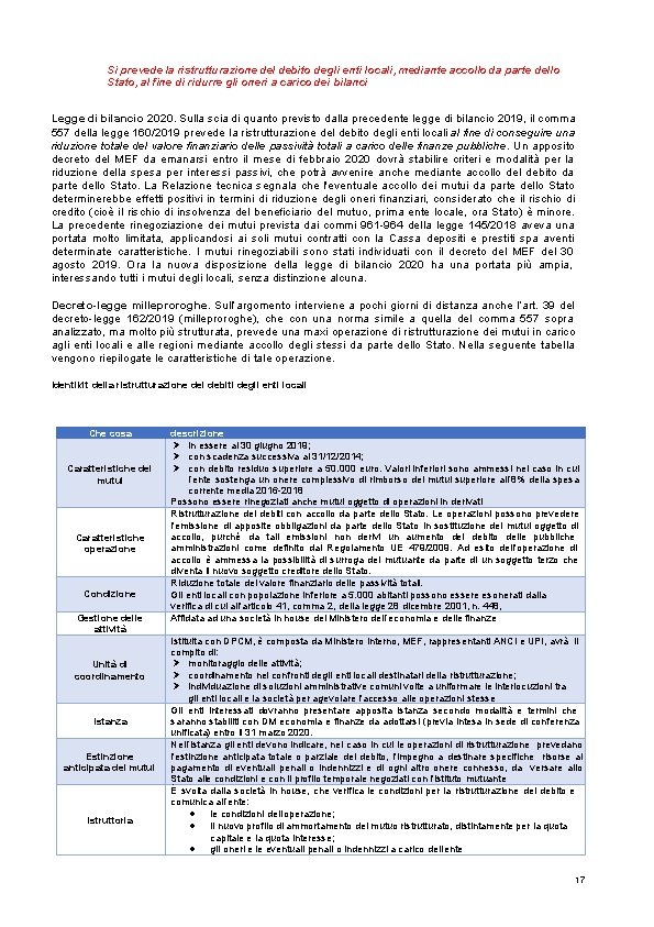 Si prevede la ristrutturazione del debito degli enti locali, mediante accollo da parte dello