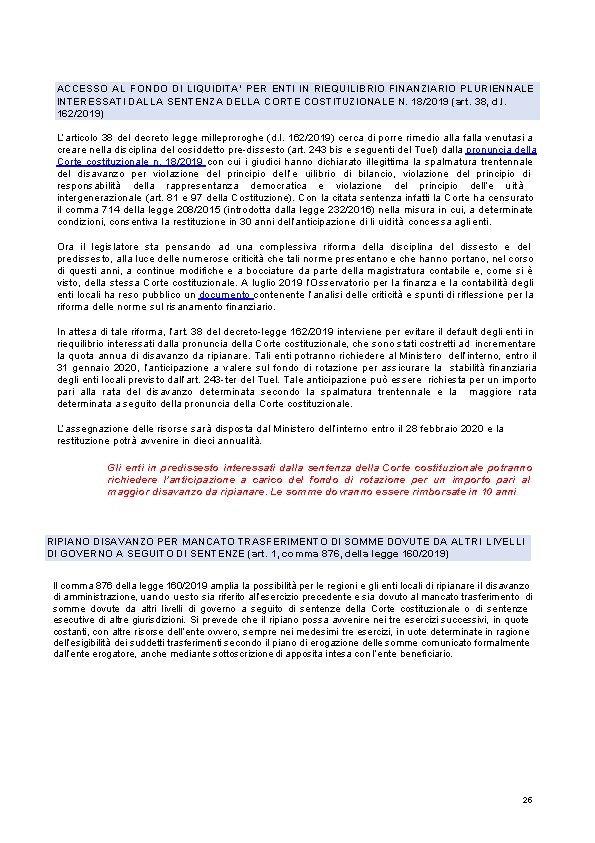 ACCESSO AL FONDO DI LIQUIDITA’ PER ENTI IN RIEQUILIBRIO FINANZIARIO PLURIENNALE INTERESSATI DALLA SENTENZA