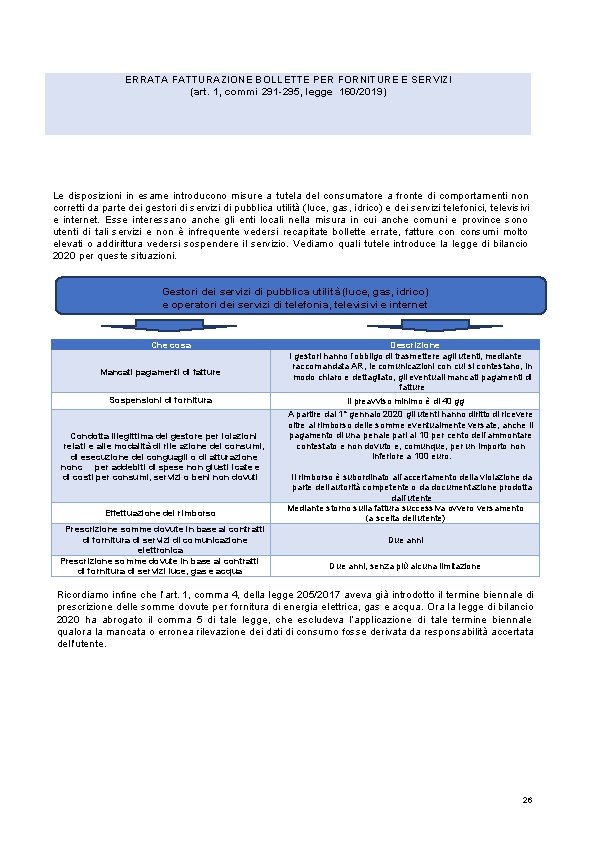 ERRATA FATTURAZIONE BOLLETTE PER FORNITURE E SERVIZI (art. 1, commi 291 -295, legge 160/2019)