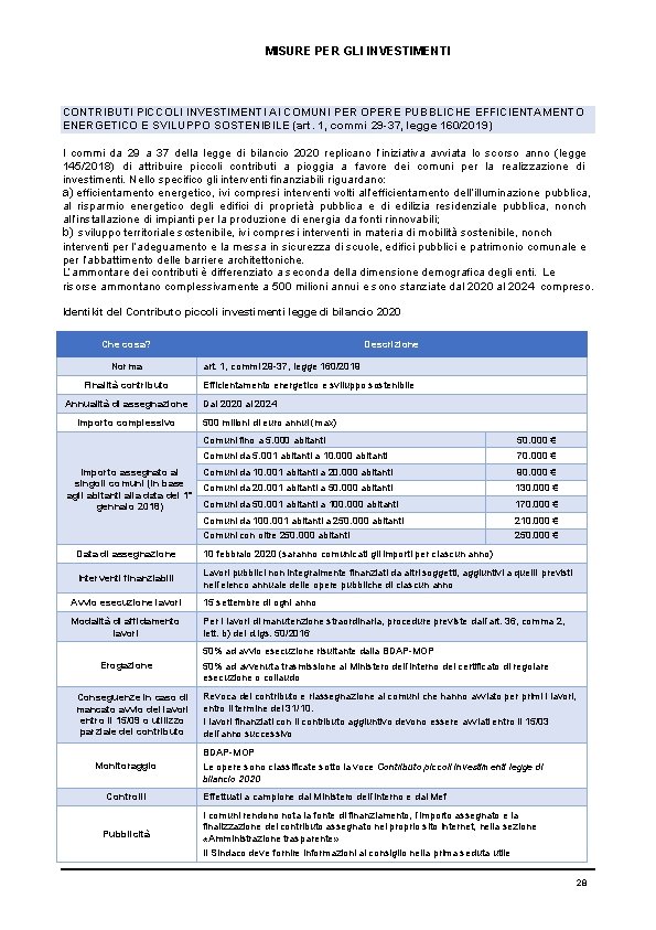 MISURE PER GLI INVESTIMENTI CONTRIBUTI PICCOLI INVESTIMENTI AI COMUNI PER OPERE PUBBLICHE EFFICIENTAMENTO ENERGETICO