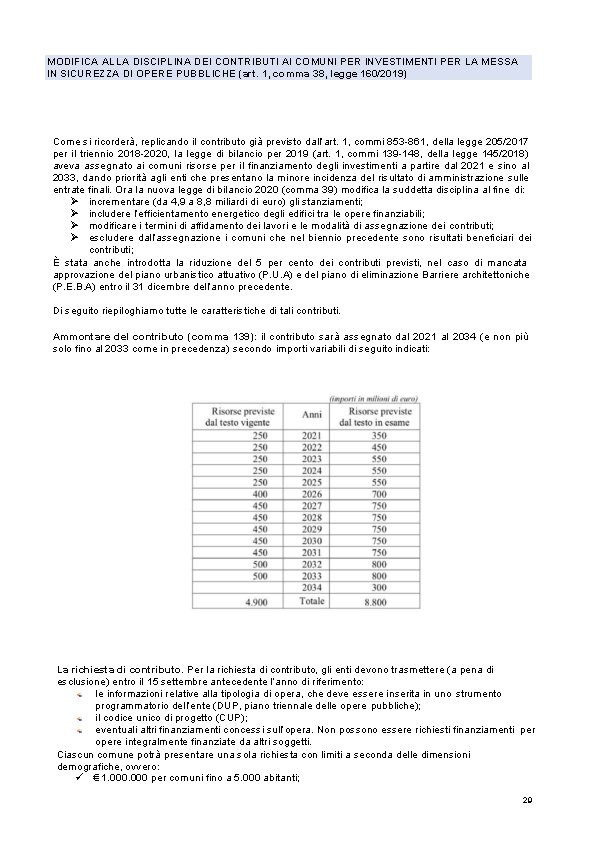 MODIFICA ALLA DISCIPLINA DEI CONTRIBUTI AI COMUNI PER INVESTIMENTI PER LA MESSA IN SICUREZZA