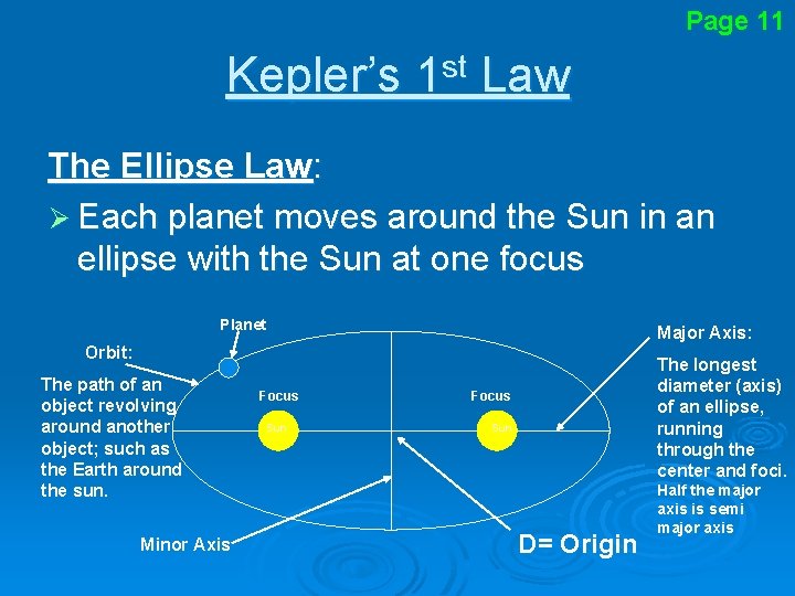Page 11 Kepler’s 1 st Law The Ellipse Law: Ø Each planet moves around