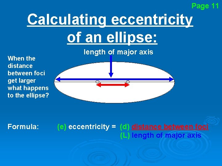 Page 11 Calculating eccentricity of an ellipse: When the distance between foci get larger