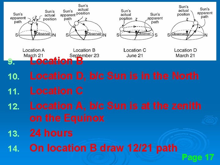 9. 10. 11. 12. 13. 14. Location B Location D, b/c Sun is in