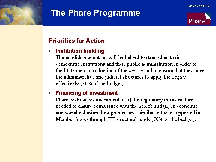ENLARGEMENT DG The Phare Programme Priorities for Action • Institution building The candidate countries ENLARGEMENT DG The Phare Programme Priorities for Action • Institution building The candidate countries