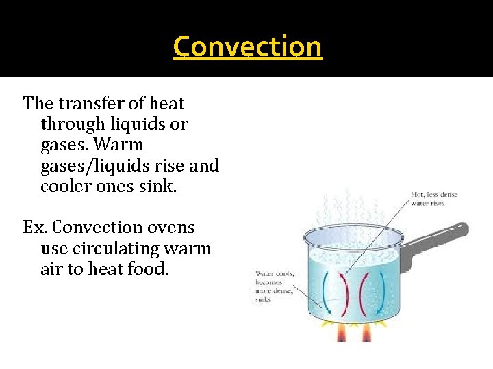 Convection The transfer of heat through liquids or gases. Warm gases/liquids rise and cooler
