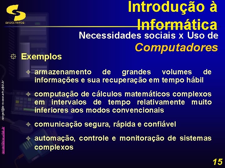 Introdução à Informática DSC/CCT/UFCG Necessidades sociais x Uso de rangel@dsc. ufpb. br rangel@lmrs-semarh. ufpb.