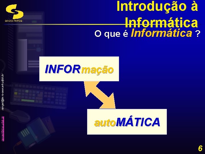 Introdução à Informática DSC/CCT/UFCG rangel@dsc. ufpb. br rangel@lmrs-semarh. ufpb. br O que é Informática