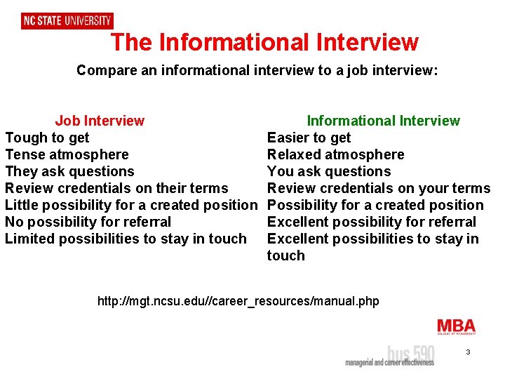 The Informational Interview Compare an informational interview to a job interview: Job Interview Tough