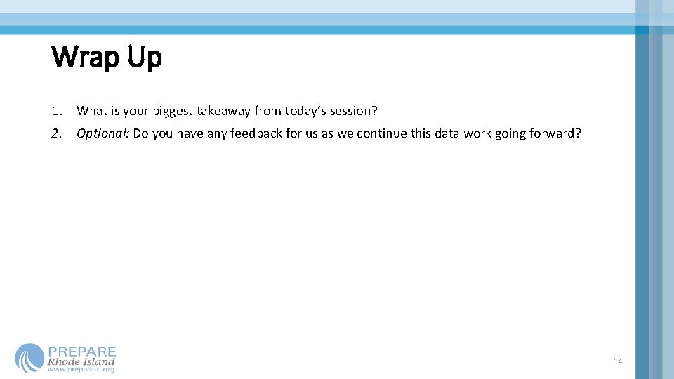 Wrap Up 1. What is your biggest takeaway from today’s session? 2. Optional: Do