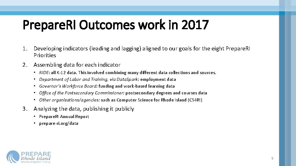 Prepare. RI Outcomes work in 2017 1. Developing indicators (leading and lagging) aligned to