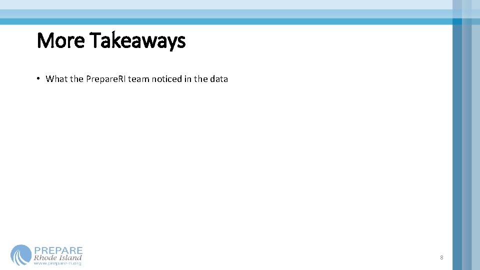 More Takeaways • What the Prepare. RI team noticed in the data 8 