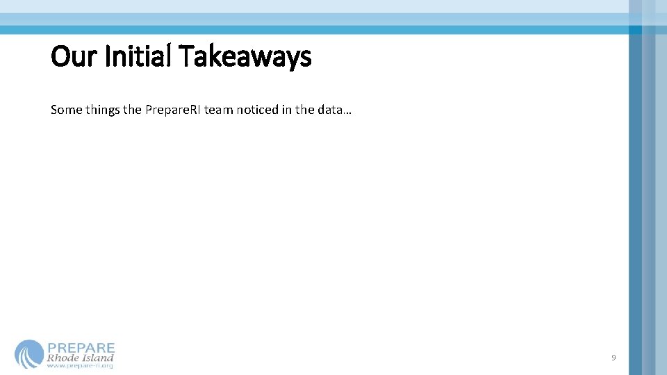 Our Initial Takeaways Some things the Prepare. RI team noticed in the data… 9