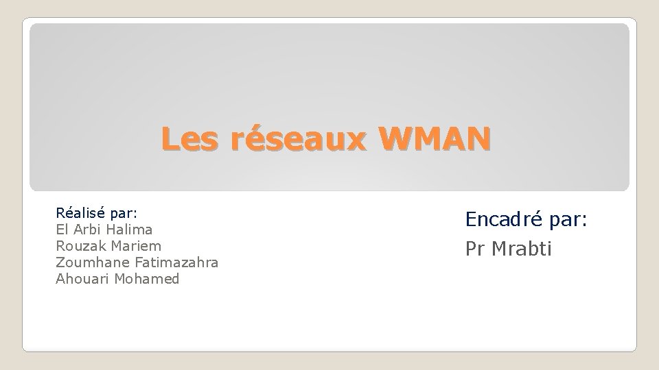 Les réseaux WMAN Réalisé par: El Arbi Halima Rouzak Mariem Zoumhane Fatimazahra Ahouari Mohamed