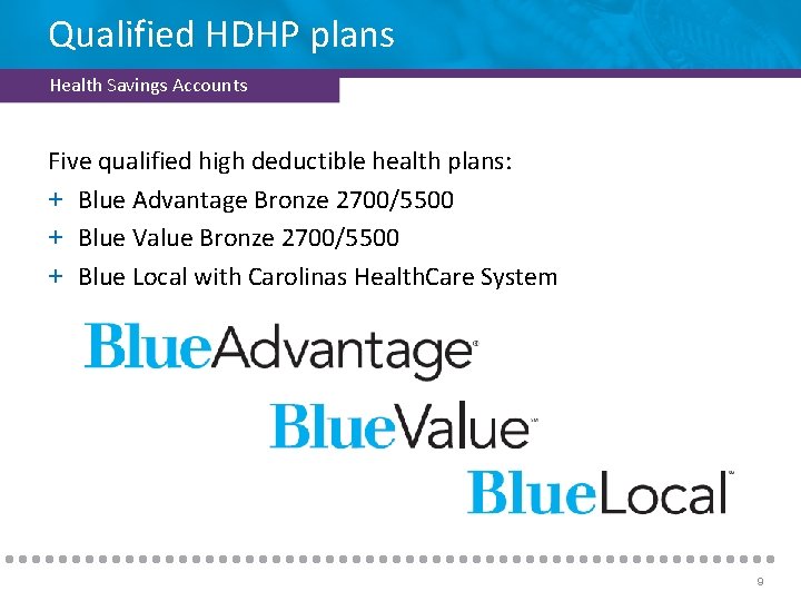 Qualified HDHP plans Health Savings Accounts Five qualified high deductible health plans: + Blue