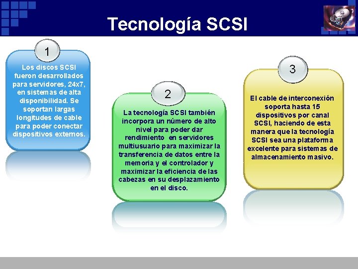 Tecnología SCSI 1 Los discos SCSI fueron desarrollados para servidores, 24 x 7, en