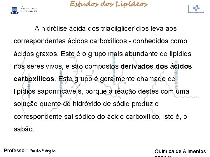 LIPÍDIOS A hidrólise ácida dos triacilglicerídios leva aos correspondentes ácidos carboxílicos - conhecidos como LIPÍDIOS A hidrólise ácida dos triacilglicerídios leva aos correspondentes ácidos carboxílicos - conhecidos como