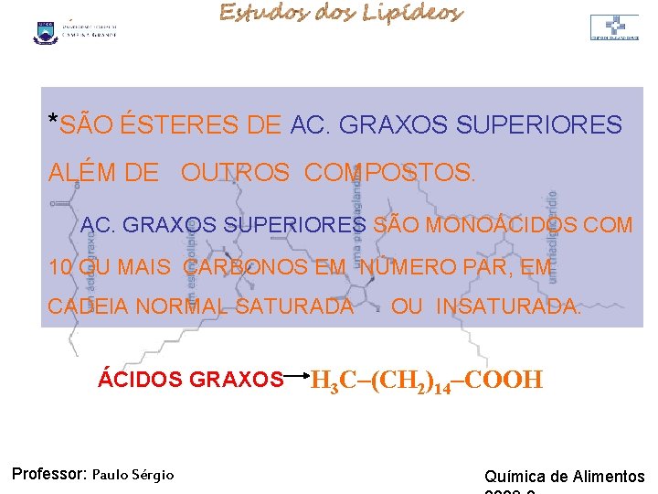 LIPÍDIOS *SÃO ÉSTERES DE AC. GRAXOS SUPERIORES ALÉM DE OUTROS COMPOSTOS. AC. GRAXOS SUPERIORES LIPÍDIOS *SÃO ÉSTERES DE AC. GRAXOS SUPERIORES ALÉM DE OUTROS COMPOSTOS. AC. GRAXOS SUPERIORES