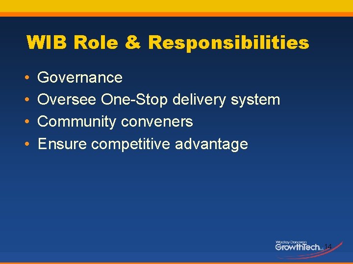 WIB Role & Responsibilities • • Governance Oversee One-Stop delivery system Community conveners Ensure