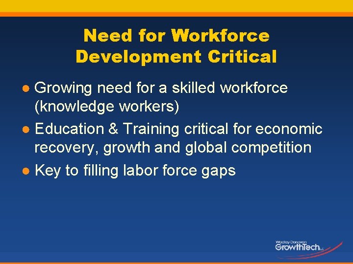 Need for Workforce Development Critical ● Growing need for a skilled workforce (knowledge workers)