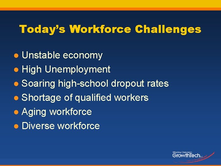 Today’s Workforce Challenges ● Unstable economy ● High Unemployment ● Soaring high-school dropout rates