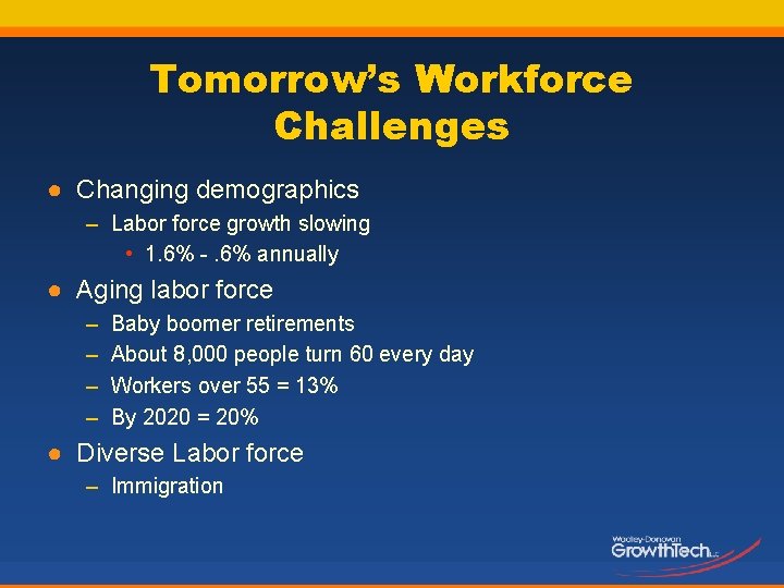 Tomorrow’s Workforce Challenges ● Changing demographics – Labor force growth slowing • 1. 6%