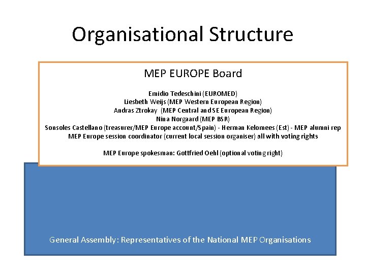 Organisational Structure MEP EUROPE Board Ope ratio nal Ad Emidio Tedeschini (EUROMED) Liesbeth Weijs