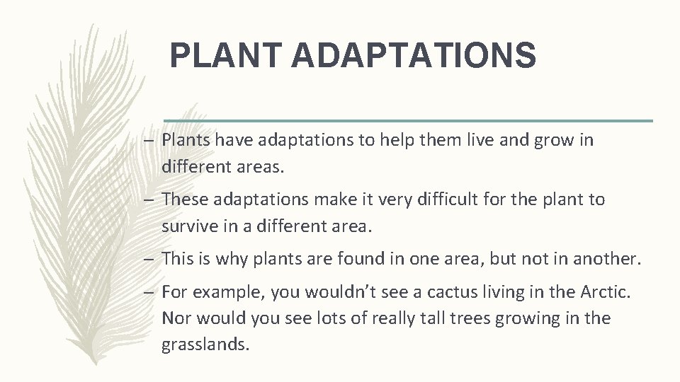 PLANT ADAPTATIONS – Plants have adaptations to help them live and grow in different