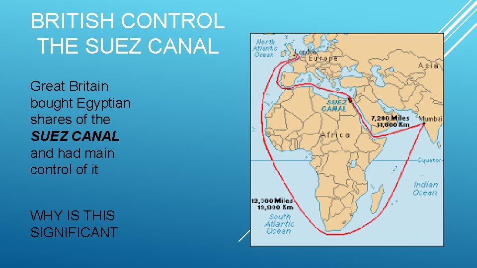 BRITISH CONTROL THE SUEZ CANAL Great Britain bought Egyptian shares of the SUEZ CANAL