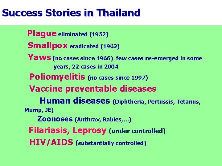 Success Stories in Thailand Plague eliminated (1952) Smallpox eradicated (1962) Yaws (no cases since