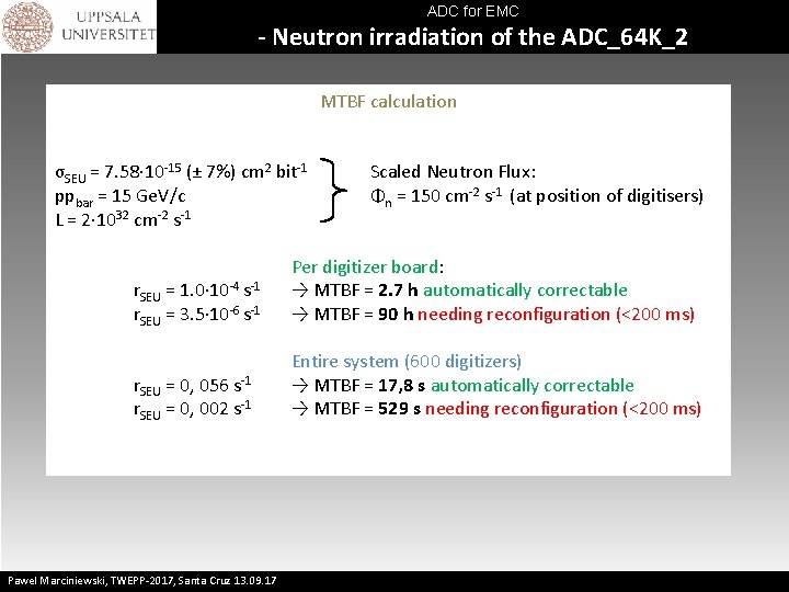 ADC for EMC - Neutron irradiation of the ADC_64 K_2 MTBF calculation σSEU =