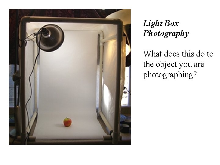 Light Box Photography What does this do to the object you are photographing? Light Box Photography What does this do to the object you are photographing?