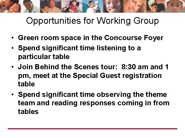 Opportunities for Working Group • Green room space in the Concourse Foyer • Spend Opportunities for Working Group • Green room space in the Concourse Foyer • Spend