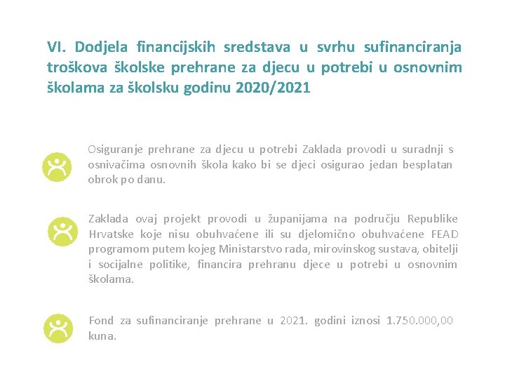 VI. Dodjela financijskih sredstava u svrhu sufinanciranja troškova školske prehrane za djecu u potrebi