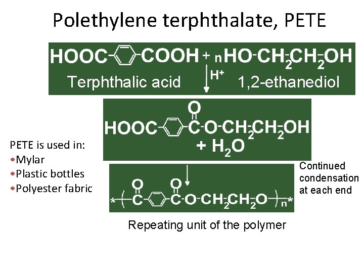 Polethylene terphthalate, PETE Terphthalic acid 1, 2 -ethanediol PETE is used in: • Mylar