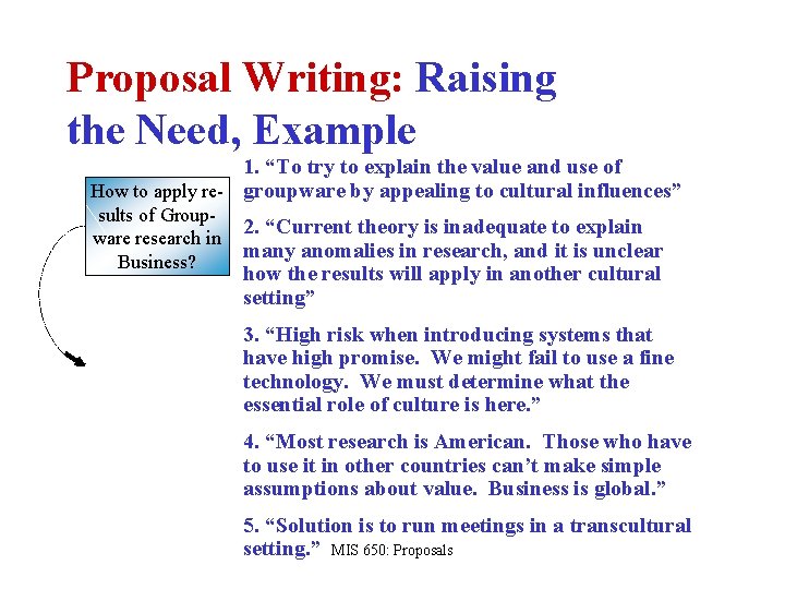 Proposal Writing: Raising the Need, Example 1. “To try to explain the value and