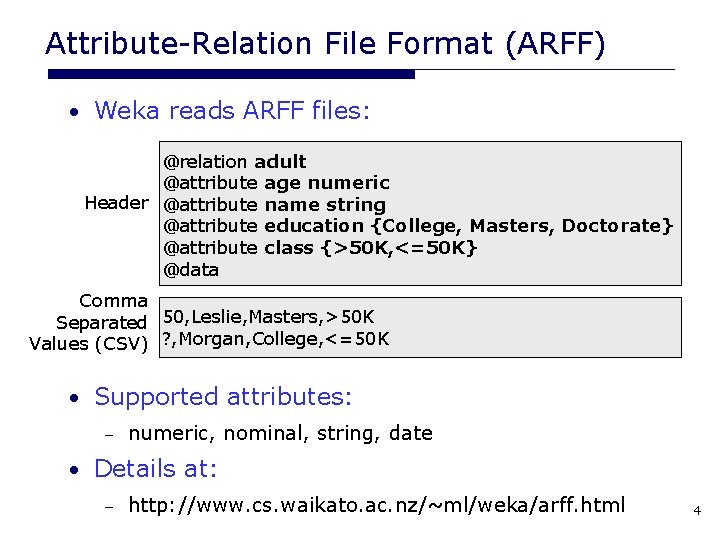 Attribute-Relation File Format (ARFF) • Weka reads ARFF files: @relation adult @attribute age numeric Attribute-Relation File Format (ARFF) • Weka reads ARFF files: @relation adult @attribute age numeric