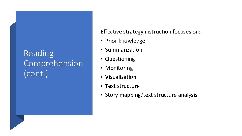 Reading Comprehension (cont. ) Effective strategy instruction focuses on: • Prior knowledge • Summarization