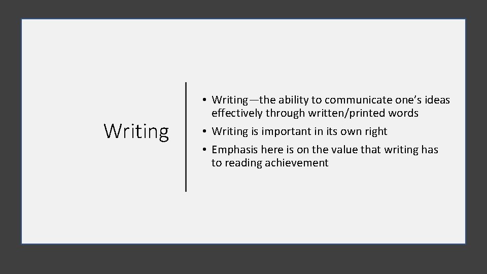 Writing • Writing—the ability to communicate one’s ideas effectively through written/printed words • Writing