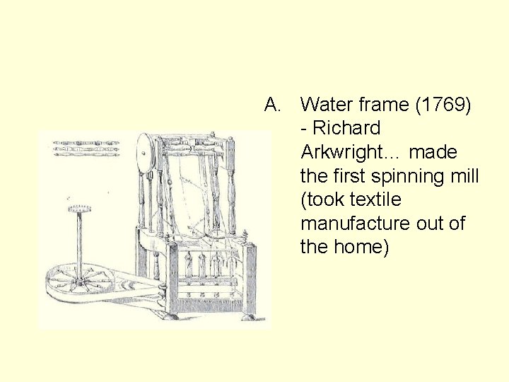 A. Water frame (1769) - Richard Arkwright… made the first spinning mill (took textile