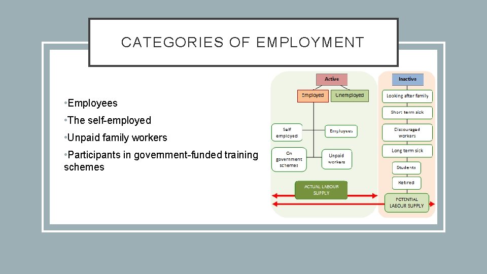 CATEGORIES OF EMPLOYMENT • Employees • The self-employed • Unpaid family workers • Participants