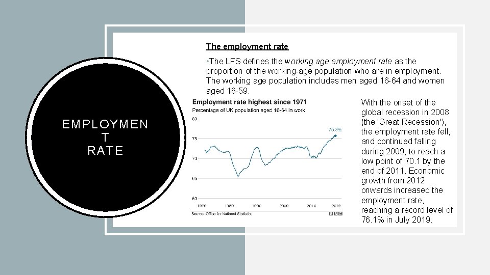 The employment rate EMPLOYMEN T RATE • The LFS defines the working age employment