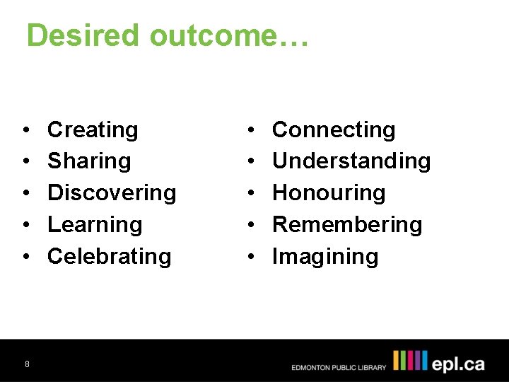 Desired outcome… • • • 8 Creating Sharing Discovering Learning Celebrating • • •