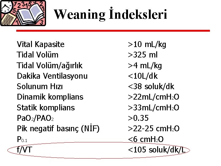 Weaning İndeksleri Vital Kapasite Tidal Volüm/ağırlık Dakika Ventilasyonu Solunum Hızı Dinamik komplians Statik komplians