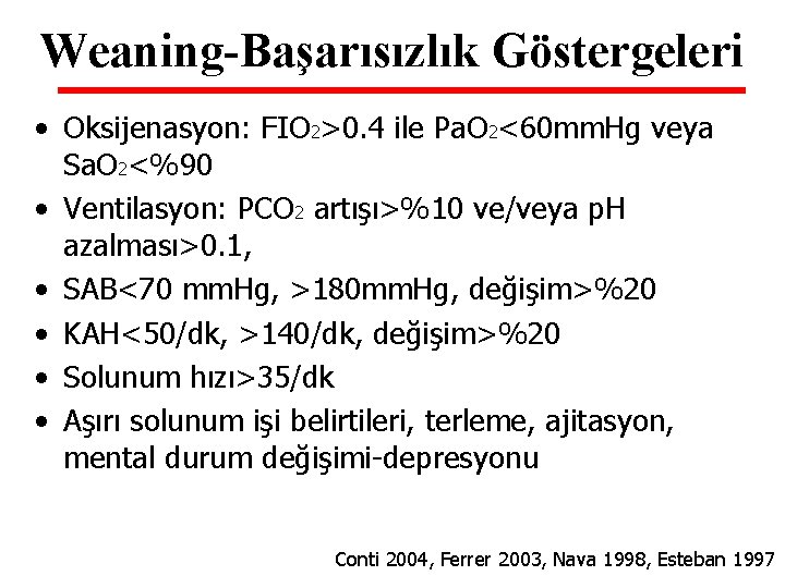 Weaning-Başarısızlık Göstergeleri • Oksijenasyon: FIO 2>0. 4 ile Pa. O 2<60 mm. Hg veya