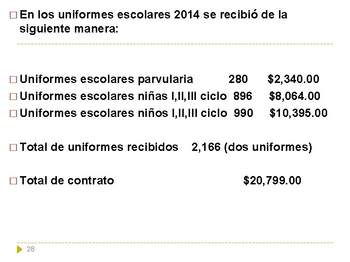 � En los uniformes escolares 2014 se recibió de la siguiente manera: � Uniformes