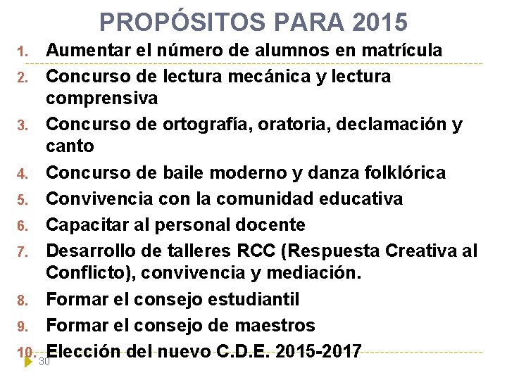 PROPÓSITOS PARA 2015 Aumentar el número de alumnos en matrícula 2. Concurso de lectura